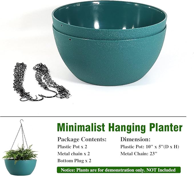 10 inch Hanging Planters for Outdoor Indoor Plants with Drainage Holes and Chain, 2 Pack Round Hanging Flower Pots for Garden Home Porch Decor, Blue Green