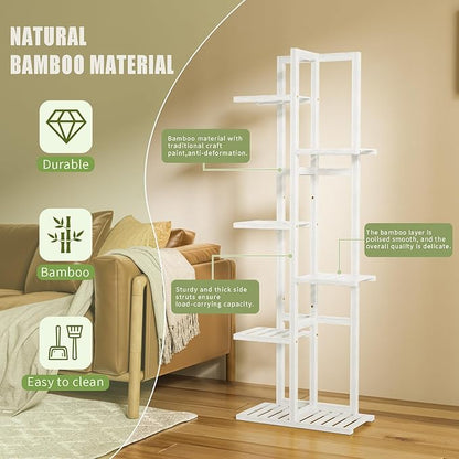 6 Tier Bamboo Plant Stand Indoor, Wood Tall Flower Holder Corner Tiered Plant Shelf for Multiple Plants (White)