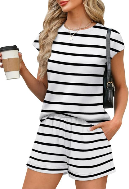 WIHOLL 2 Piece Sets for Women Casual Summer Travel Vacation Outfits Cap Sleeve Shorts Lounge Set