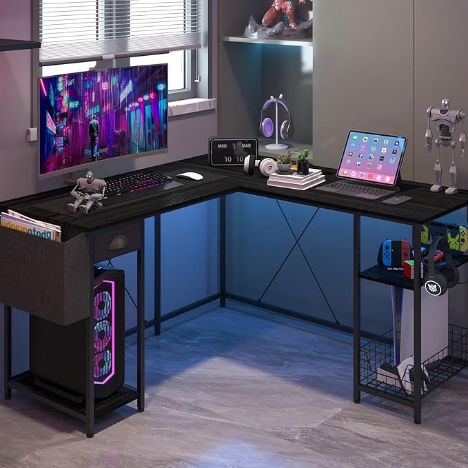 X-cosrack 88.5inch Large L-Shaped Computer Desk with Storage Shelves Drawer, Home Office Writing Corner Desk, 2 Person Long Desk PC Laptop Workstation with Hooks Storage Bag Cable Hole-Black