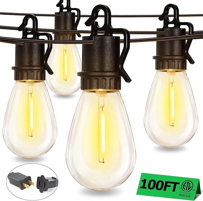 100FT Outdoor String Lights with 52 Shatterproof S14 Vintage Edison Bulbs E12 Sockets,2700K Dimmable Outdoor Lights,IP55 Waterproof LED String Lights for Outside, Patio, Garden, Backyard,Bistro