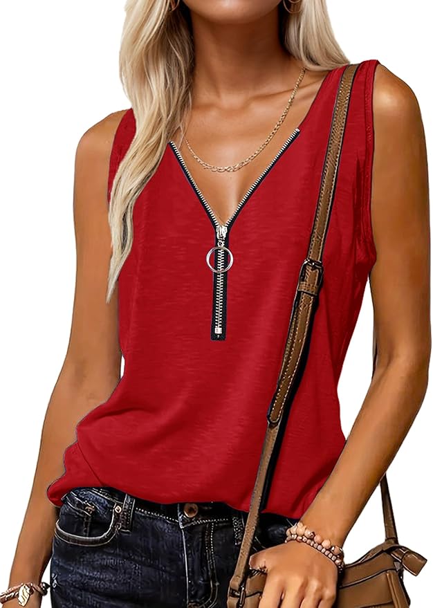 Halife Womens Half Zip V Neck Tank Tops Summer Sleeveless Shirts Casual Loose Top Blouses T Shirts