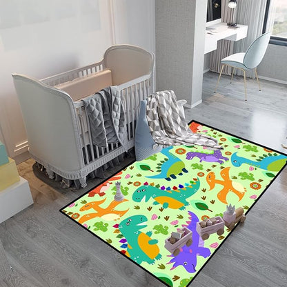 Dinosaur Carpet for Boys Room Dinosaur Play Rug Kids Rug Cartoon Dinosaur Carpet Dino Rug Dinosaur Area Rug for Bedroom Livingroom Playing Room,Green 4'5''×6'
