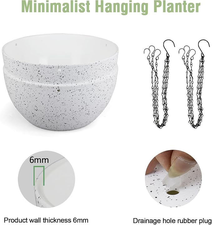 10 inch Hanging Planters for Indoor Outdoor Plants, 2 Pack Hanging Flower Pots with Drainage Holes and Chain for Garden Porch, Plastic Hanging Baskets for House Plants, Speckled White