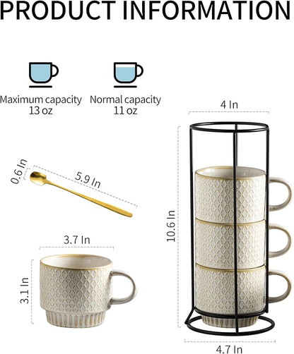 Gomakren Coffee Mugs Set of 4 Ceramic Coffee Cup with Stand, Creamy White | 13oz Stackable, Embossed Grid Mugs, Black Metal Rack, Lead-Free Dishwasher Safe, with Gold Spoons for Home Coffee Bar