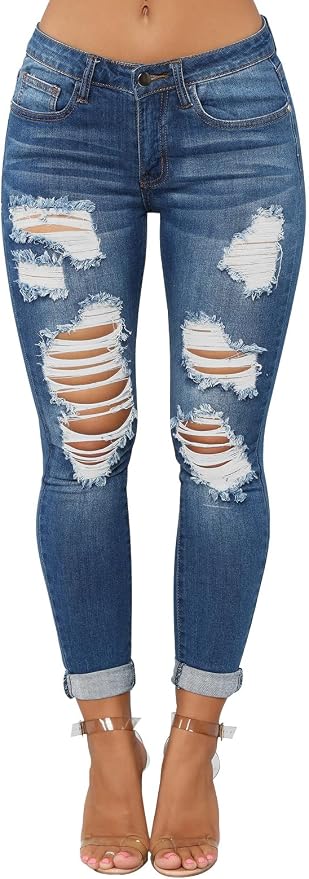 KUNMI Women's Skinny Ripped Trendy Jeans Distressed Stretchy Denim Pants