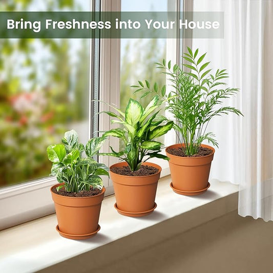10 Pack 6 Inch Plant Pots with Drainage and Saucers, Plastic Flower Pots for Indoor and Outdoor Plants, Stackable Nursery Planters for Houseplants and Herbs, Terracotta