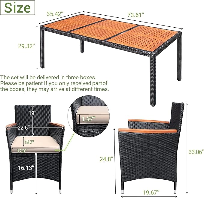 Devoko Outdoor Patio Dining Sets 9 Pieces Wicker Outdoor Dining Table and Chairs Set with Acacia Wood Table Top and Widened Armrests for Backyard, Garden, Deck (Black)