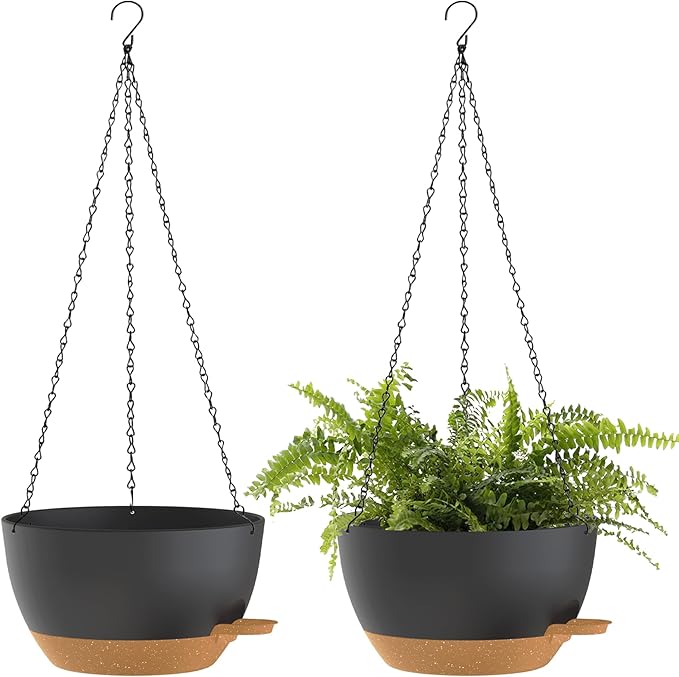 10 Inch Hanging Baskets 2 PC with Chains, Self-Watering Hanging Planters for Indoor Outdoor Plants, Plastic Hanging Flower Pots,Black Brown