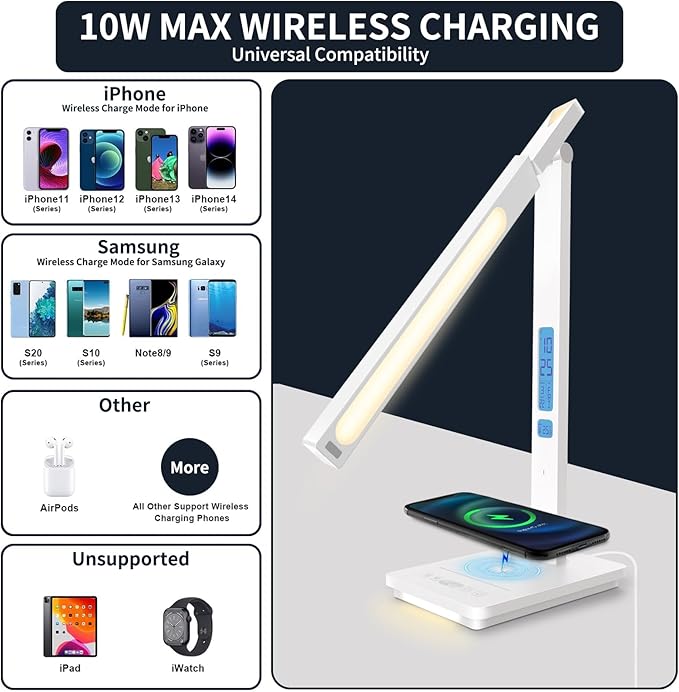 10 in 1 Smart Led Desk Lamp, Desk Table Lamp for Home Office, Eye-Caring Office Lamp with Night Lights, Lamp for Desk with 10W Wireless Charger, Dimmable Touch Lamp for Bedroom Reading Study Work