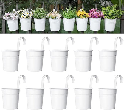 Dahey 10 Pcs Hanging Flower Pots Metal Iron Bucket Planter for Railing Fence Balcony Garden Home Decoration Flower Holders with Detachable Hooks, White, 5 inches