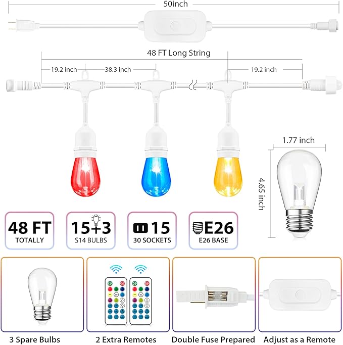 Mlambert 48FT Outdoor Patio Lights, 6 Lighting Modes RGB Cafe String Lights with 15 Dimmable LED Shatterproof Bulbs for Deck Porch Gazebo-White 1 Pack