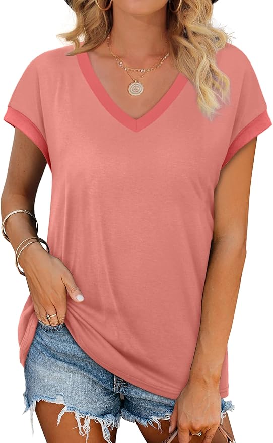 WIHOLL Womens Summer Tops 2026 Cap Short Sleeve Shirs V Neck T Shirts Fashion Beach Vacation Clothes Color Block