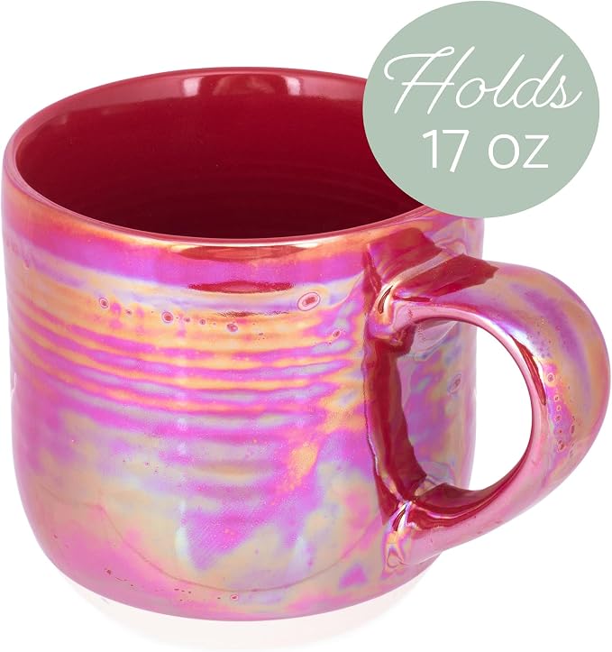 Elanze Designs Glossy Reactive Glaze Large 17 Fluid Ounce Everyday Kitchen Food Grade Ceramic Stoneware Coffee Mug Cup with Comfort Curved Handles, Set of 4, Red