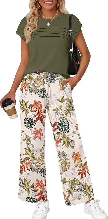 WIHOLL Two Piece Set for Women Summer Spring Outfits Matching Sets Women Clothing Airport Travel Vacation Wide Leg Pants