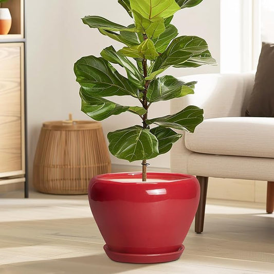 10 Inch Plant Pot - Ceramic Planter for Indoor Outdoor Plants, Glaze Modern Round Planter with Drainage Hole and Saucer, Gifts for Plant Lovers, Home Room Garden Decor, Red