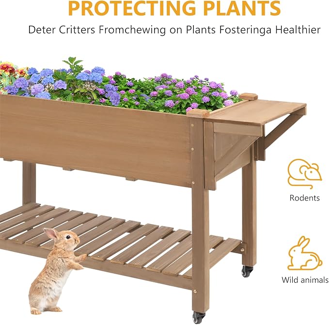 Raised Garden Bed with Lockable Wheels Mobile Elevated Wood Planter,Storage Shelf, Protective Liner,55.5x24x32in (Brown)