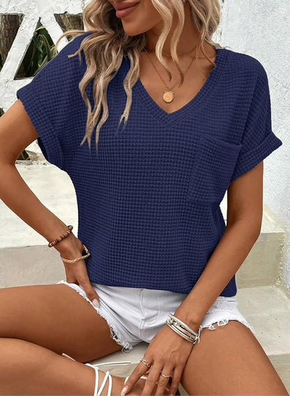 Dokotoo Womens Waffle Knit Tops 2026 Spring Summer V Neck Shirts Casual Trendy Women's Blouses Basic Tee