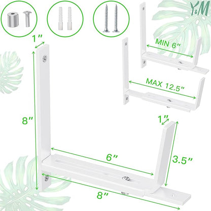 Y&M 2 Pack Adjustable Planter Brackets (6 to 12.5 in), Universal Window Box Mounting Hooks, Heavy Duty Iron Flower Box Wall Mounts for Balcony, Fences, Patio, and Garden - White