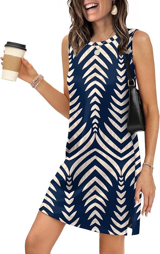 WIHOLL Casual Dresses for Women Crewneck Sleeveless Tank Dress Summer Spring Boho Vacation Clothes