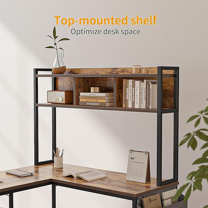 BANTI L Shaped Desk with Hutch, 58 inch Corner Computer Desk with Drawer,Home Office Gaming Table Workstation with Storage Bookshelf, Rustic Brown