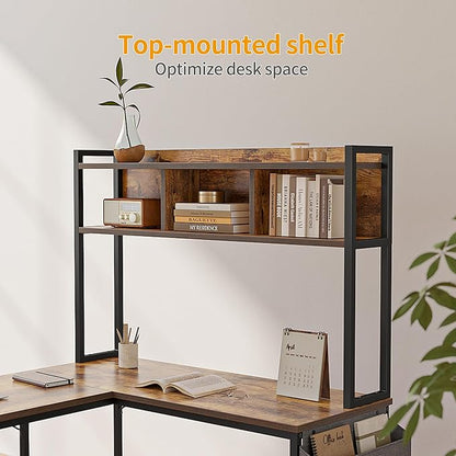 BANTI L Shaped Desk with Hutch, 58 inch Corner Computer Desk with Drawer,Home Office Gaming Table Workstation with Storage Bookshelf, Rustic Brown