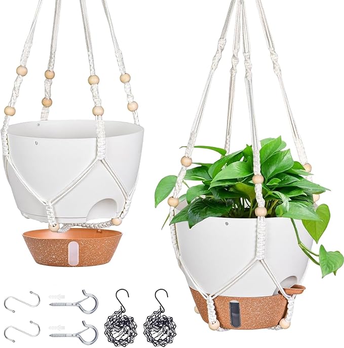 10 Inch Hanging Planters for Indoor Plants, 2 Pack Self Watering Hanging Baskets Flower Pots with Drainage Hole, Visual Reservoir & 2 Kinds of Plant Hanger for Outdoor Garden Home Decor (White)