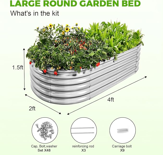 Land Guard 4×2×1.5ft Galvanized Raised Garden Bed Kit, Galvanized Planter Garden Boxes Outdoor, Oval Large Metal Raised Garden Bed for Vegetables……… (Classic Silver