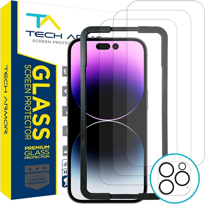 Tech Armor 3 Pack Screen Protector + 1 Camera Lens Protector for iPhone 14 Pro 6.1 inch - Ballistic Tempered Glass, Case Friendly, Dynamic Island Compatible, Sensor Protection, HD, 9H Hardness
