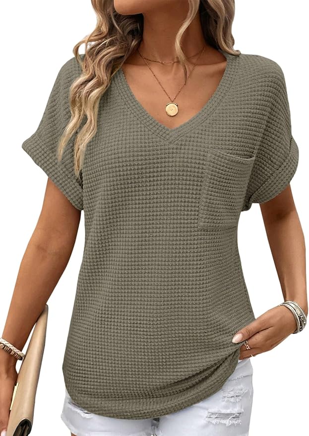 Dokotoo Womens Waffle Knit Tops 2026 Spring Summer V Neck Shirts Casual Trendy Women's Blouses Basic Tee