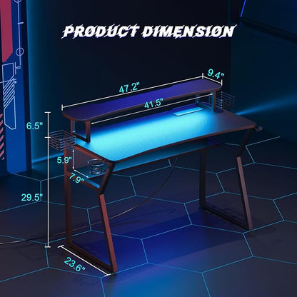 Gaming Desk with Power Outlet&Led Lights, Computer Desk with Monitor Stand and Open Shelf,Gamer Table Workstation with Cup Holder, Headphone Hook, 2 Speaker Stand for Home Office