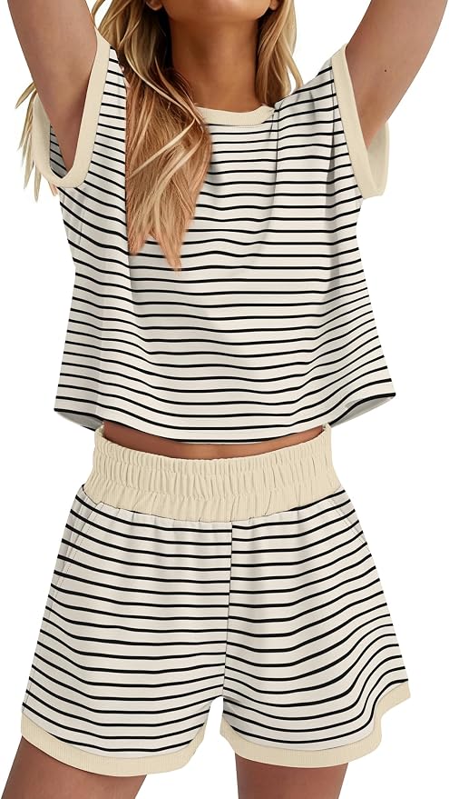 WIHOLL Two Piece Sets for Women Summer Lounge Short Sets Cap Sleeve Crew Neck Sweatsuit with Pocket XS-2XL