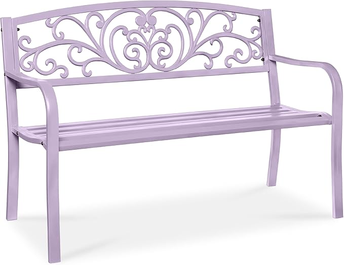 Best Choice Products Outdoor Bench Steel Garden Patio Porch Furniture for Lawn, Park, Deck w/Floral Design Backrest, Slatted Seat - Lavender