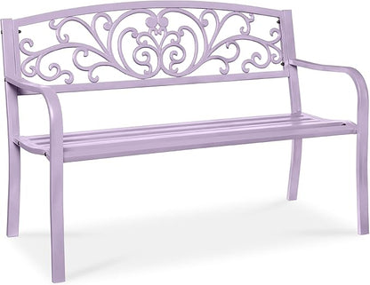 Best Choice Products Outdoor Bench Steel Garden Patio Porch Furniture for Lawn, Park, Deck w/Floral Design Backrest, Slatted Seat - Lavender