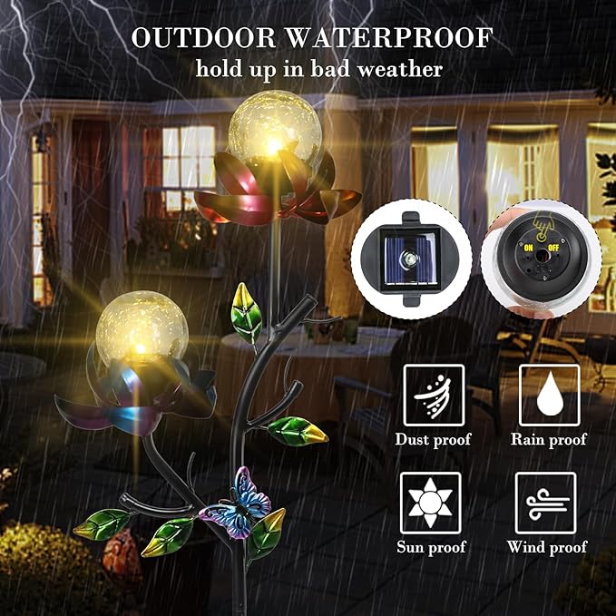 VCUTEKA Solar Garden Flowers with LED Light Crackle Glass Globe Solar Lights Outdoor Metal Stake Wind Spinner for Garden Decoration, Patio Decor, Yard Decor and Gift for Mother