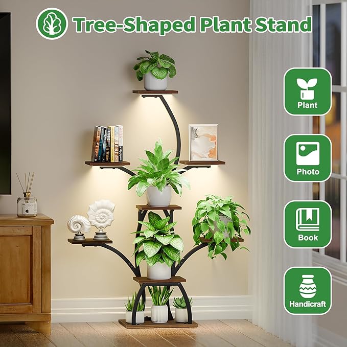 CODACE Plant Stand Indoor with Grow Lights, 6 Tiered Plant Shelf Indoor, 50" Corner Plant Stands for Indoor Plants, Lighted Tree-Shaped Plant Holder, Tall Flower Display Rack for Living Room