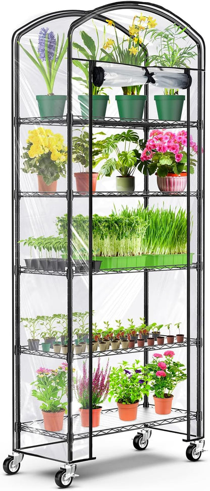 Abimars 5-Tier Greenhouse with Caster Wheel, Each Shelf Height Adjustable Metal Plant Shelf with PVC Cover for Seed Starting Trays, Seedling Pots, Plant Pots, 13x29x73inch