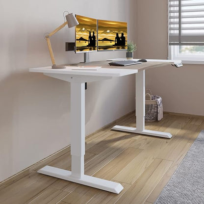 Dual Motor Electric Standing Desk - 63 x 30 Inch Adjustable Height Sit Stand Computer Desk with Splice Board, Stand Up Desk Table for Home Office, White Frame/Oak and White Top(with Radian)
