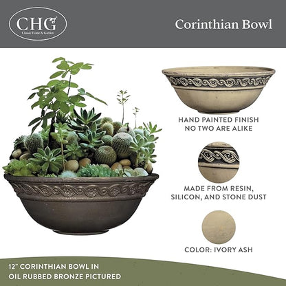 Classic Home and Garden Corinthian Shallow Planter with Drainage - Decorative Garden Bowl Planter for Succulents, Flowers, & More - UV Resistant Wide Plant Bowl for Indoors/Outdoors (12” Ivory Ash)