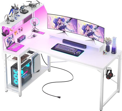 Homieasy Small Gaming Desk with Power Outlets Pegboard LED Light, 51 Inch L Shaped Computer Desk with Monitor Stand Storage Shelves, Reversible Corner Desk with Headset Hooks, White