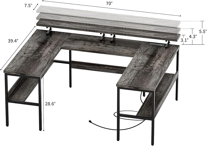 Customizable U Shaped Computer Desk with Adjustable Monitor Stand, Reversible L Shaped Gaming Desk with Power Outlet and Smart LED Light, Sturdy Office Desk with Storage Shelves, Black Oak