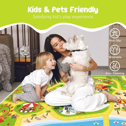 Kids Carpet Kids Car Rug Play Mat for Playroom- 78"x 118" Non Slip Washable Kids Road Rug for Kids- Kids Educational Rug Great for Toddler Classroom Boys Girls Bedroom Decor(Green)