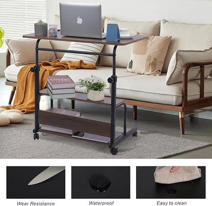 Portable Desk Small Desks for Small Spaces Laptop Table Brown Rolling Adjustable Desk on Wheels Mobile Couch Desk for Bedroom Home Office Computer Standing Desk Student Desk with Storage 32x16 Inch