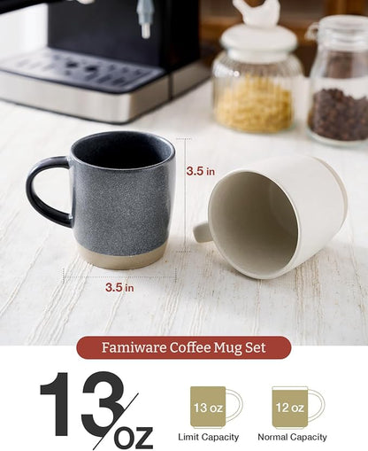 famiware Coffee Mugs Set of 4, Milkyway 13 oz Mug Set, Ceramic Cup Set with Handle for Coffee, Tea, Cocoa, Milk, Matte White + Matte Dark Charcoal (Pack of 2)