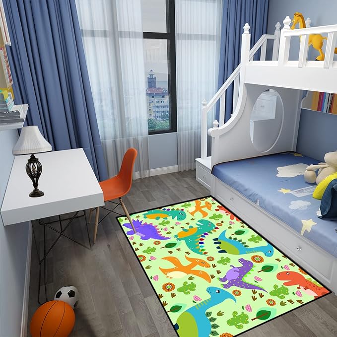 Dinosaur Carpet for Boys Room Dinosaur Play Rug Kids Rug Cartoon Dinosaur Carpet Dino Rug Dinosaur Area Rug for Bedroom Livingroom Playing Room,Green 4'5''×6'