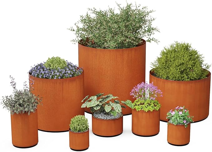 Plantercraft Large Round Planters for Outdoor Plants - 42 Inch Tall Corten Steel Planter - Extra Large Outdoor Planters for Modern Patio, Deck & Entryway | 12" Dia x 42" H