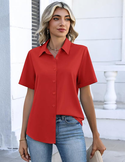 Zeagoo Button Down Shirts for Women Short Sleeve Collared Tops Dressy Casual V Neck Blouses