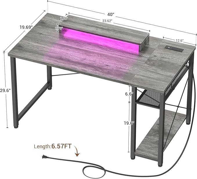 armocity Computer Desk with LED Lights, Gaming Desk with Power Outlet and USB, 40 Reversible Laptop Table with Moveable Monitor Stand, Small Desk for Small Spaces, Office, Gaming Room, Grey