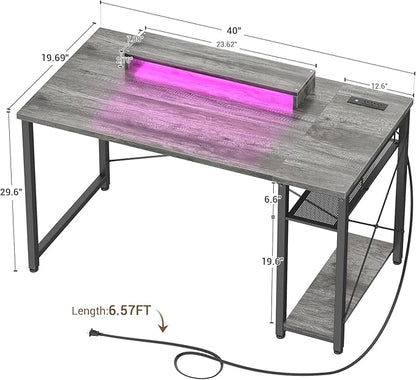 armocity Computer Desk with LED Lights, Gaming Desk with Power Outlet and USB, 40 Reversible Laptop Table with Moveable Monitor Stand, Small Desk for Small Spaces, Office, Gaming Room, Grey