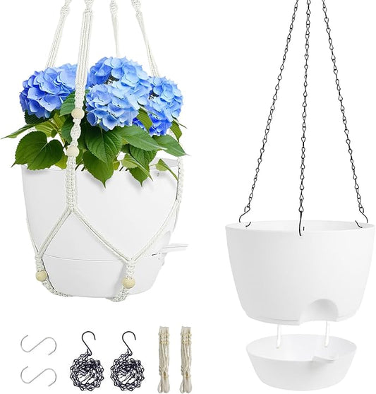 10 inch Self Watering Hanging Planters, 2 Pack Hanging Flower Pots for Indoor Outdoor Plants, Hanging Baskets with Drainage Holes & 2 Kinds of Plant Hangers for Garden Home Decor, White